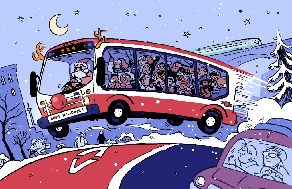 Holiday Card for TTCRiders, 2025. Horray Dedicated Bus Lanes!